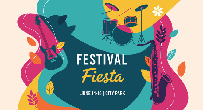 Vibrant flat design poster for a 'Festival Fiesta' music event at City Park, featuring a guitar, drums, and saxophone amidst abstract colorful shapes and botanical elements.