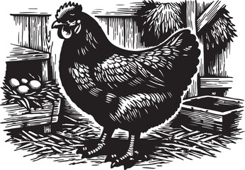 Chicken standing in a farm coop with eggs in a nest during a sunny day in a woodcut style © toomotion