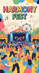 Obraz premium A colorful illustration of a lively outdoor music festival with a band performing on stage, people dancing, and playing instruments under a festive banner.