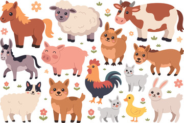 Fototapeta premium Cute cartoon animal set farm and zoo characters dog cat cow horse pig rabbit lion elephant sheep vector illustration