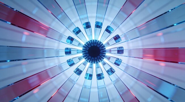 Modern corporate technology backdrop with radial transparent fins, central dark focal core and elegant blue magenta reflections, crafted for premium marketing banners and conference screens