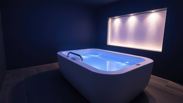 Futuristic sensory deprivation chamber with neon lighting in a minimalist interior.