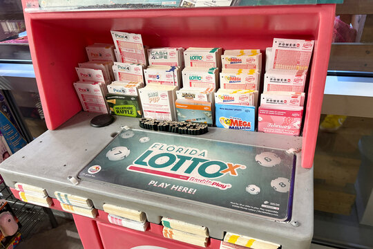 A Florida lottery kiosk at a gas station with Powerball, Mega Millions and other paper lottery tickets in Destin, Florida - on February 17, 2026.