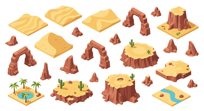A collection of isometric desert terrain elements including sandstone rock arches, sand dunes, cacti, rocky formations, and an oasis with palm trees on a plain background.