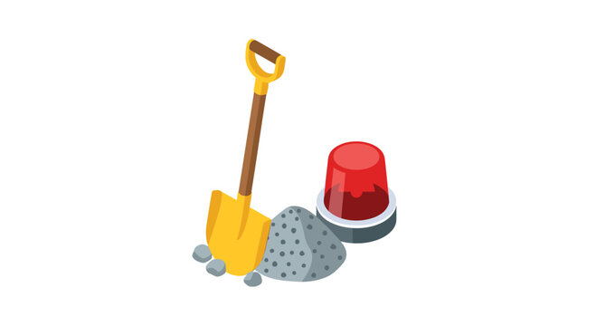 A construction site elements composition displaying a yellow shovel, a pile of grey gravel, and an isolated red emergency beacon light on a clean white background.
