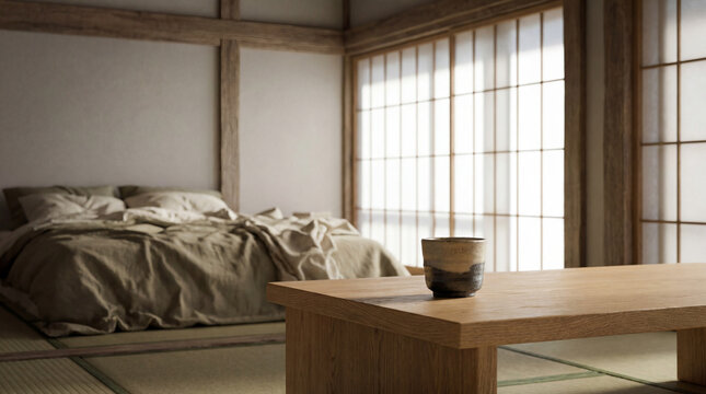Minimalist serene bedroom with natural light and zen aesthetic, quiet luxury, generative AI.
自然光と禅の美学が漂うミニマリストな静寂の寝室、クワイエット・ラグジュアリー、生成AI。