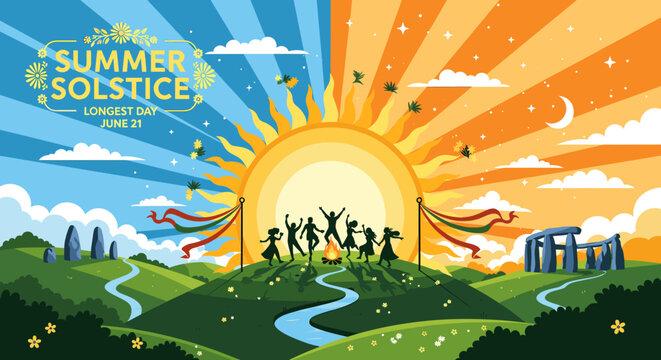 Summer Solstice celebration with people dancing around a bonfire under a split sky representing day and night, with ancient stone circles.