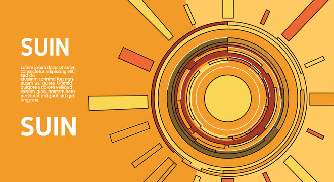 Abstract sun illustration with concentric circles and radiating lines on an orange gradient background, featuring the word "SUIN" twice.