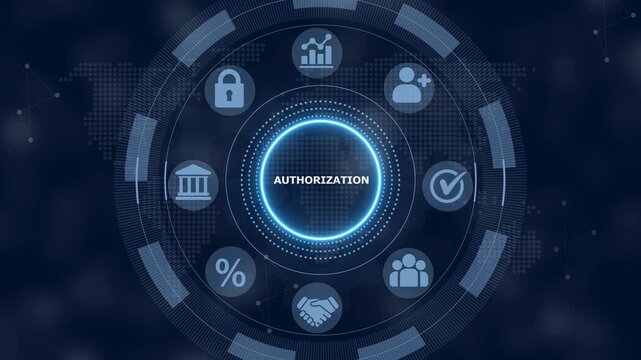Digital interface showing the word authorization surrounded by a circular menu with various including a padlock a building a handshake and a graph on a dark blue background