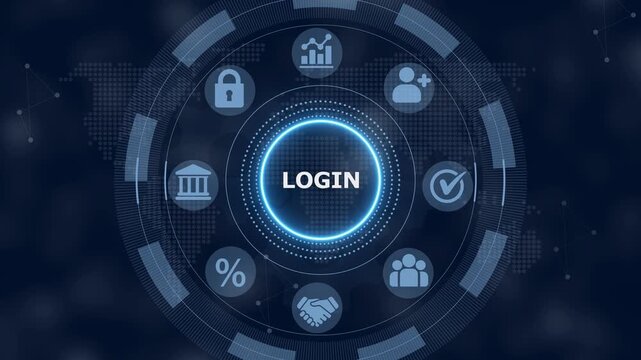 Digital interface showing the word login in a glowing blue circle surrounded by various business and security on a dark background with a subtle map pattern