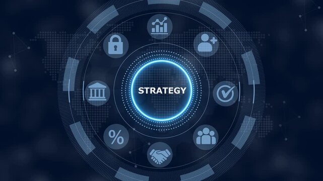 Digital interface displaying the word strategy surrounded by a circular menu with various business on a dark blue background with a subtle map pattern and glowing light