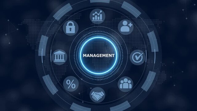 Digital interface displaying the word management surrounded by circular representing business growth security banking checkmarks teamwork percentages and handshake agreements