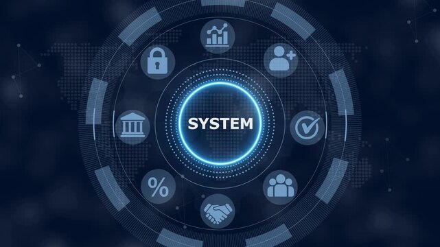 Digital interface showing the word system surrounded by a circular menu of business and technology against a dark blue background with a subtle map pattern