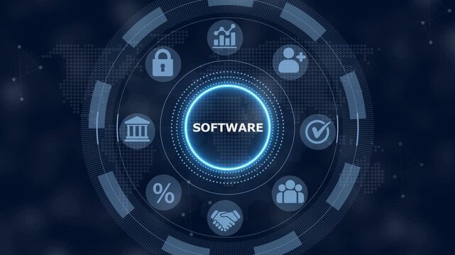 Digital interface showing the word software surrounded by a circular menu of business and technology against a dark blue background with a subtle map pattern