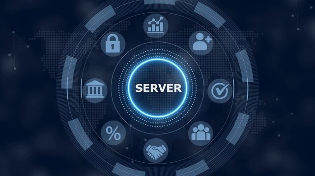 Digital interface showing the word server surrounded by circular representing business and technology concepts on a dark blue background with a subtle map pattern
