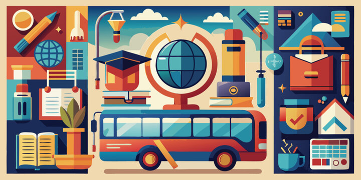Flat of school bus globe and educational supplies graduation cap