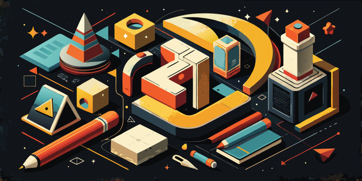 Isometric geometric shapes and drafting tools on dark background