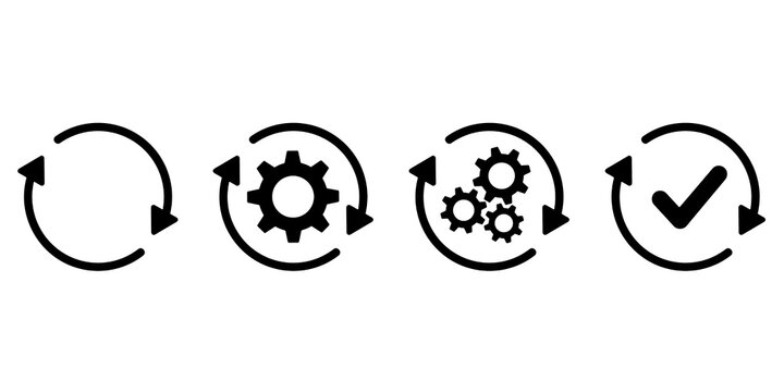 Sync process, icon reload set, circle arrow with gear wheel, recycling recurrence, renewal sync processing icons - stock vector