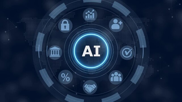 Digital interface with a glowing blue circle in the center displaying the word ai surrounded by various business on a dark blue background with a dotted map
