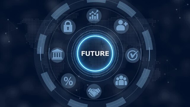 Digital interface with a glowing central circle containing the word future surrounded by various business on a dark blue background with a subtle map pattern