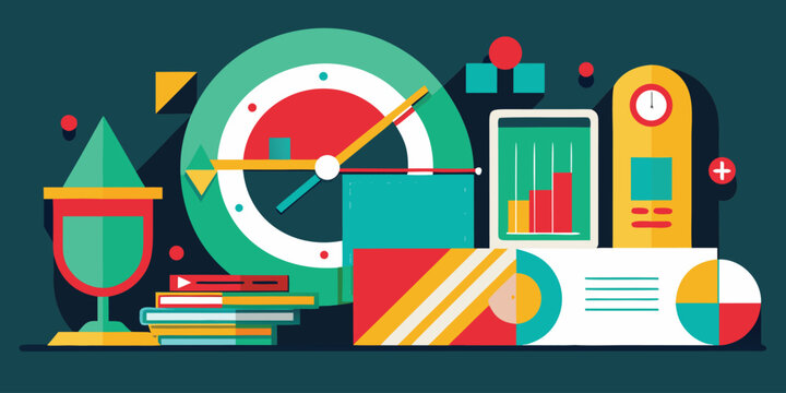 Flat with clock chart bar graph and geometric shapes on dark background