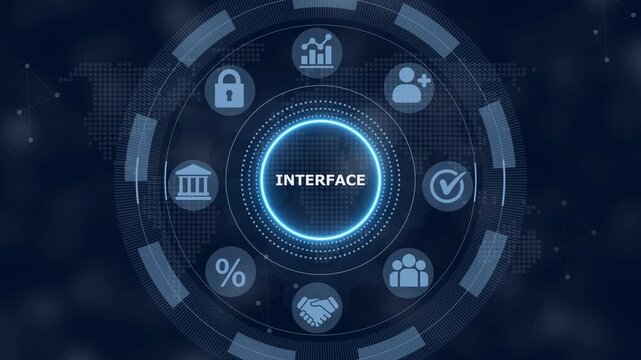 Digital interface showing a glowing blue circular menu with the word interface surrounded by various business like a lock a graph a handshake and a checkmark on a dark background