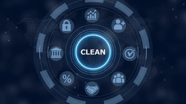 Digital interface featuring the word clean in the center surrounded by a circular menu with various business and technology on a dark blue background with a map pattern