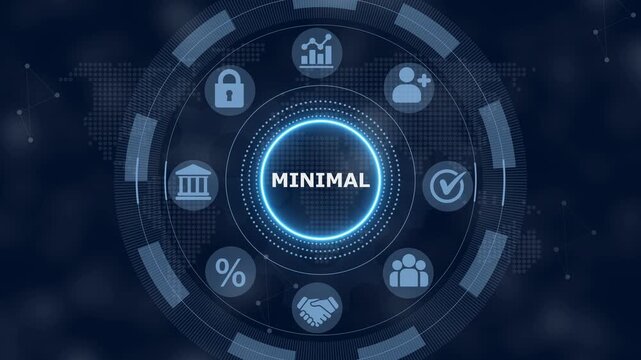 Digital interface featuring the word minimal in the center surrounded by a circular menu with various business and technology on a dark blue background with a map pattern