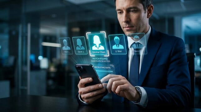 Businessman using futuristic AI recruiting software on smartphone to select the best job candidate from digital hologram profiles in modern office