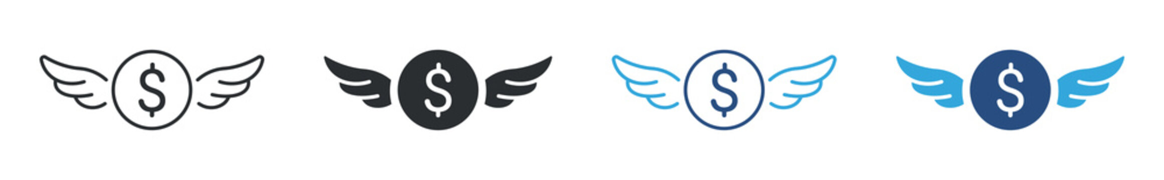 Fast money icon set. dollar coin with wings. quick payment and instant transfer concept. vector illustration.