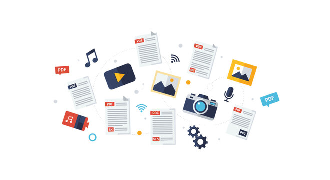 An assortment of colorful digital file format icons and media symbols float in a networked arrangement against a light neutral background.
