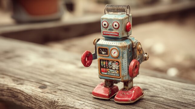 Vintage tin toy robot wind-up collectible illustration. 