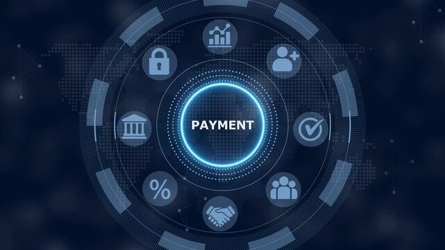 Digital interface showing the word payment surrounded by circular representing business banking security and data management on a dark blue background with a global map pattern