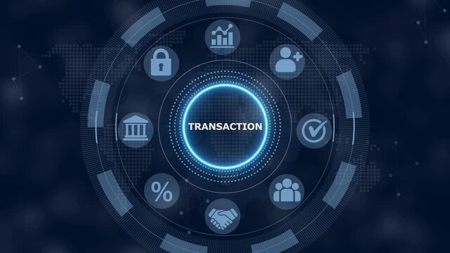 Digital interface showing the word transaction surrounded by circular representing business banking security and data management on a dark blue background with a global map pattern