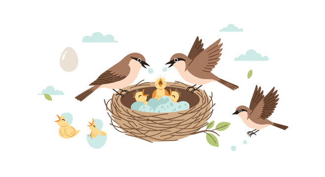 A pair of cartoon brown birds actively feed their chirping chicks inside a straw-woven nest surrounded by cracked blue eggs against a clean minimalist white background.