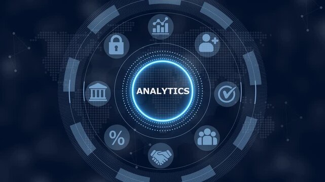 Analytics data visualization dashboard with a glowing blue circular menu featuring business and the word analytics displayed in the center on a dark digital background