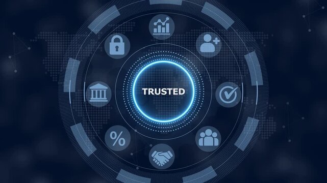 Digital interface with a glowing central circle containing the word trusted surrounded by of a bank padlock graph percentage handshake and people on a dark blue background