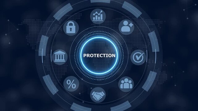 Digital interface with a glowing central circle containing the word protection surrounded by of a bank padlock graph percentage handshake and people on a dark blue background