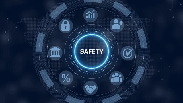 Digital interface with a glowing central circle containing the word safety surrounded by various business and security on a dark blue background with a subtle map pattern
