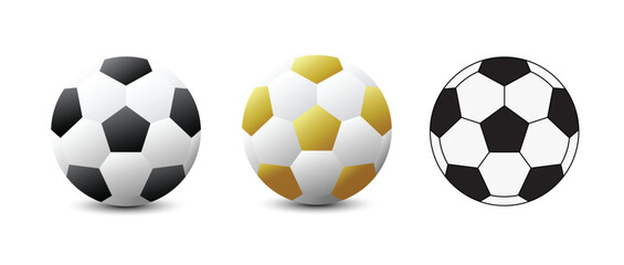 The soccer ball vector set includes three-dimensional balls in black white, gold and outline ball on isolate background. © Pattaree
