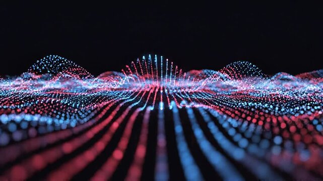 Abstract wave patterns of blue and red dots representing data flow and digital information transfer