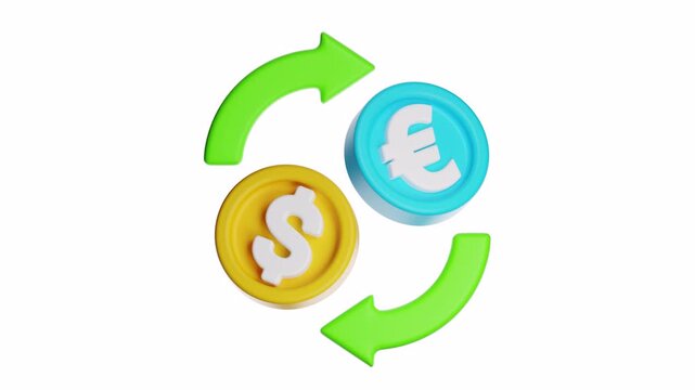 3d looping ui icon currency exchange concept with rotating dollar and euro coins. Suitable for financial articles, banking websites, forex trading promotions, and investment blogs.