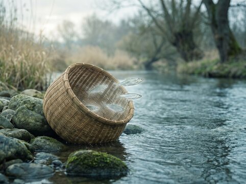 Fresh Common Roach (Rutilus rutilus) jumping into a traditional wicker basket by a misty river; conceptual fishing, silver fish, and sustainable harvest nature scene.