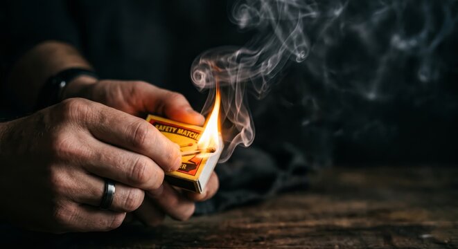 Matchstick flame burning from safety matches box held by hand