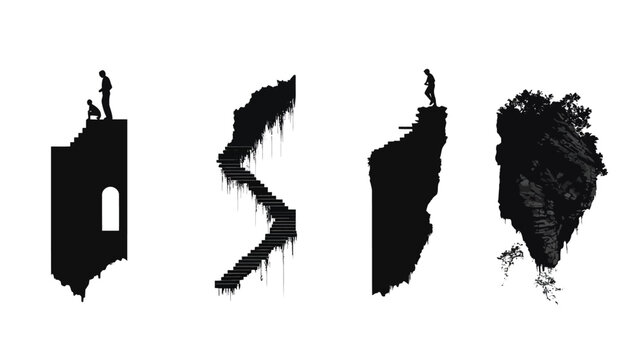 Silhouetted figures on fragmented structures, representing ascent and isolation in a minimalist style