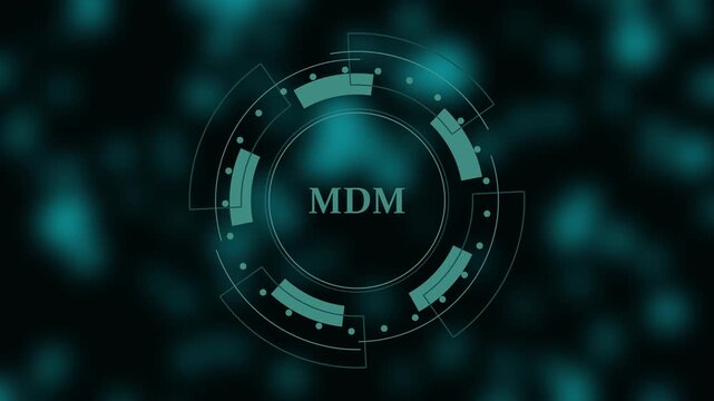 Digital circle interface with text MDM on a dark blurred background digital interface technology