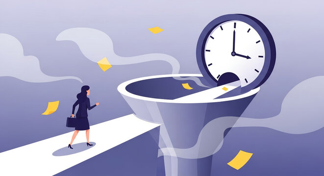 Time Management Pressure &ndash; Business person walking toward a large clock symbolizing deadlines and workload stress.