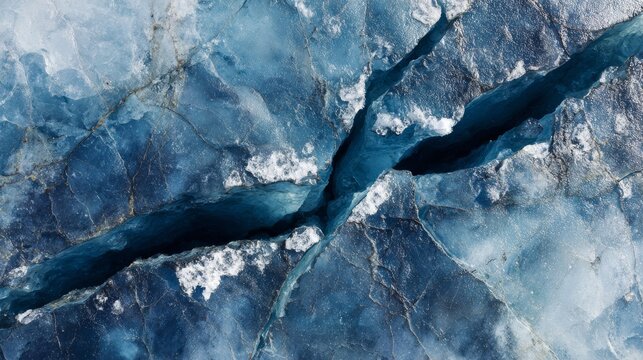 A close-up view reveals deep blue ice, fractured by a crevasse, highlighting texture and depth with contrasting white edges