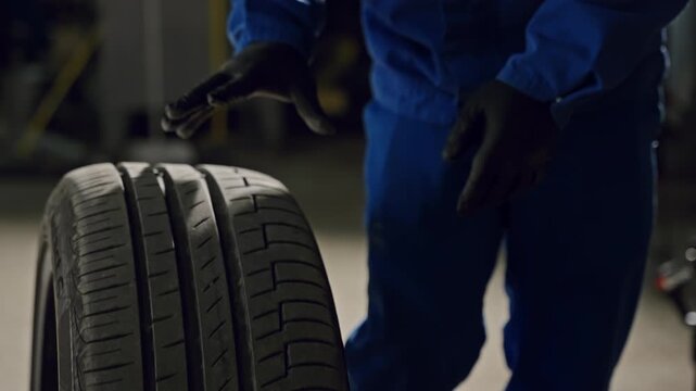 Mechanic in blue coveralls wearing black gloves rolling a car tire with visible tread pattern inside an auto repair workshop, demonstrating maintenance and inspection of the wheel