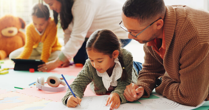 Father, child and writing with notebook in home for education, studying and maths homework. Family, help and kid with stationery for learning support, academic literacy and numeracy skills in lounge